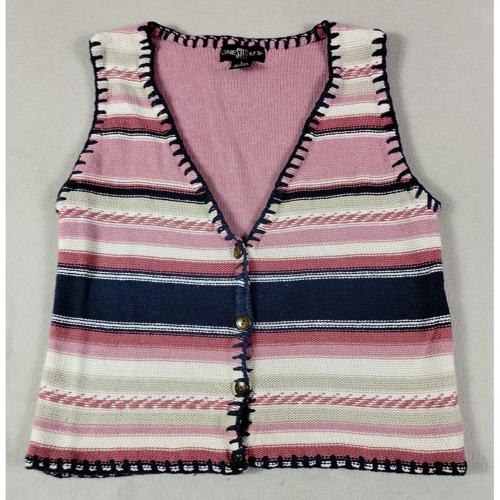 Vintage One Step Up Sweater Vest Womens Small Pink Striped Knit Teachercore Y2K